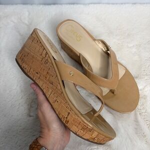 Circus by Sam Edelman Raquel Tan Patent Cork Wedge Thong Sandals Womens 9M